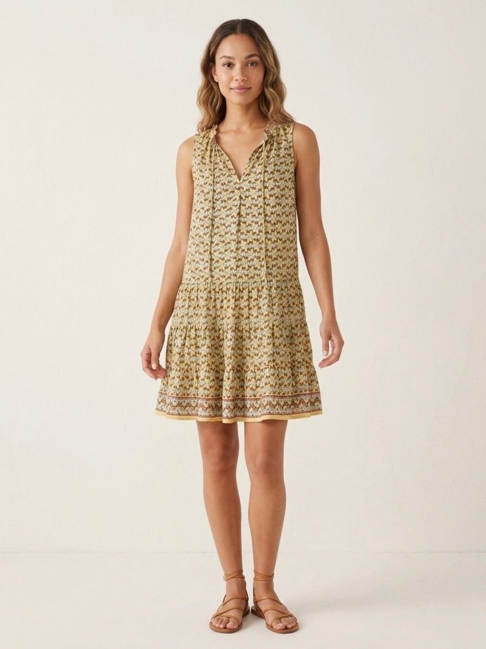 Max Studio Yellow Floral Neck Tie Tiered Minidress Size S